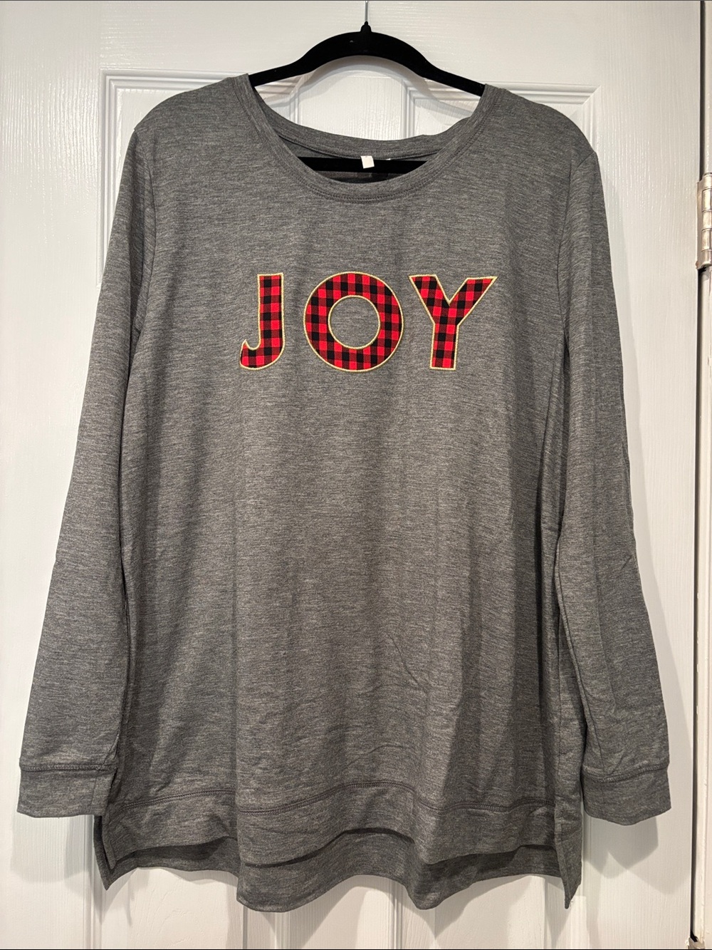 Cato Gray Tunic Sweatshirt with Red Plaid JOY Applique